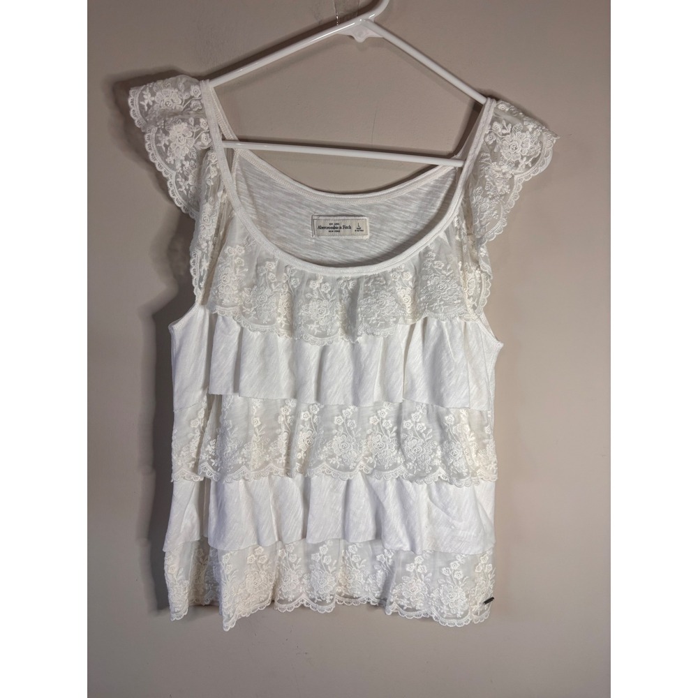 Abercrombie & Fitch White Lace Ruffle Tiered Flutter Sleeve Top Large